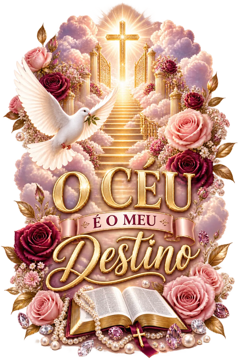 Arte cristã O Céu é o meu destino com cruz dourada e rosas
