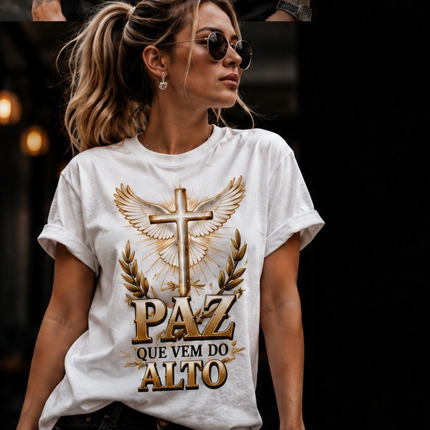 Mulher vestindo camiseta branca com estampa cristã Paz que vem do alto