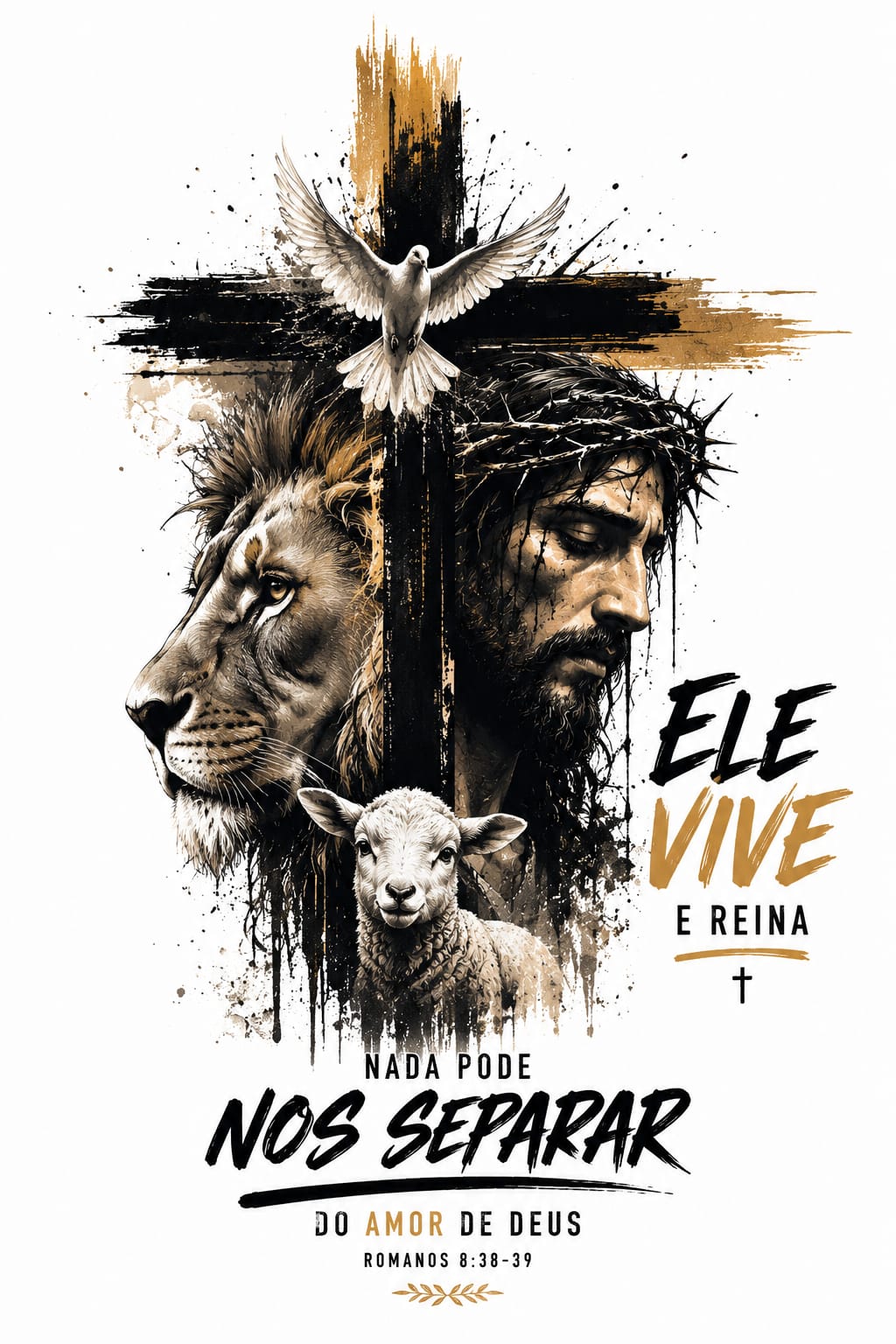 Arte cristã Ele Vive e Reina com leão, cordeiro e cruz