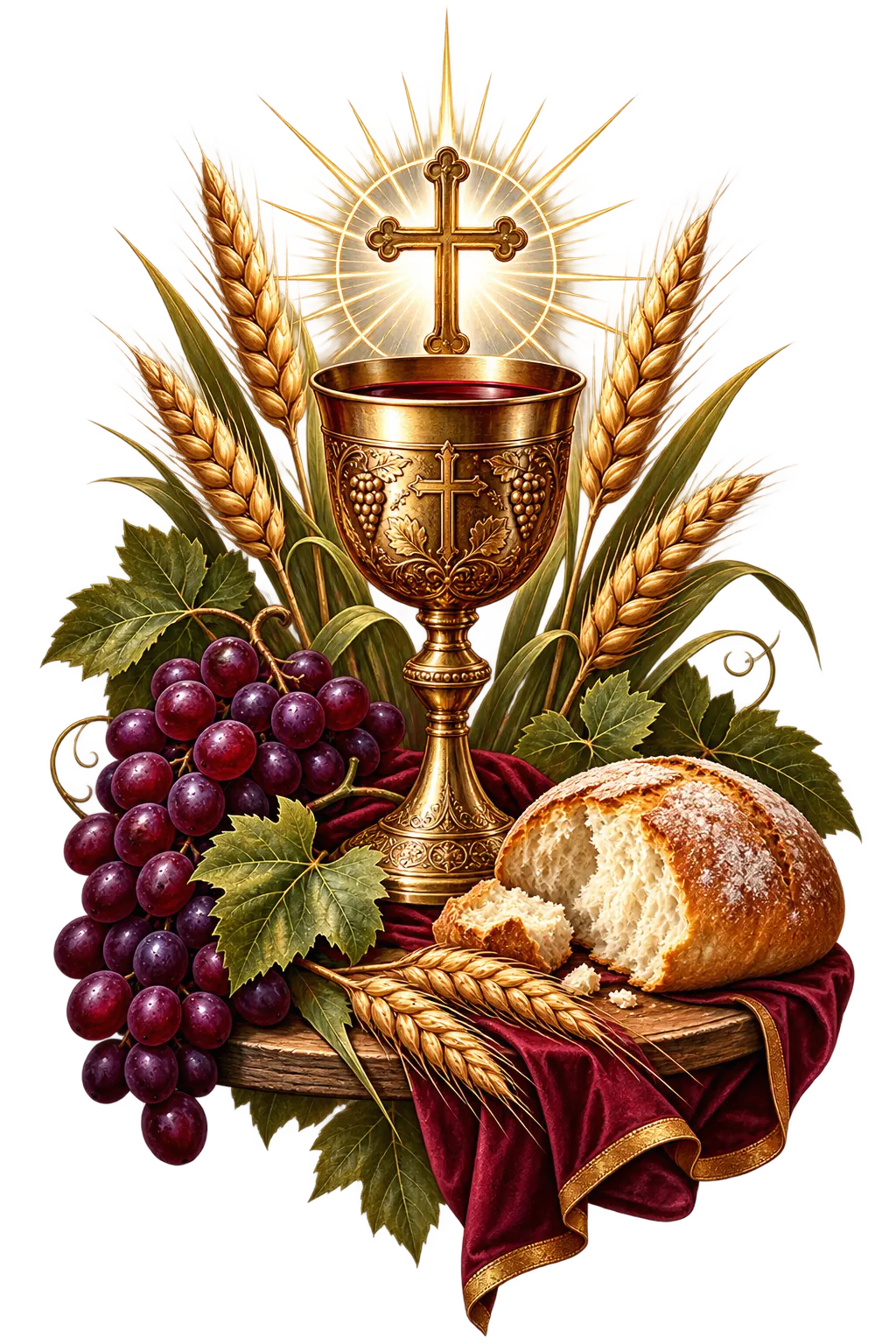 Arte cristã de cálice, pão e trigo da santa ceia