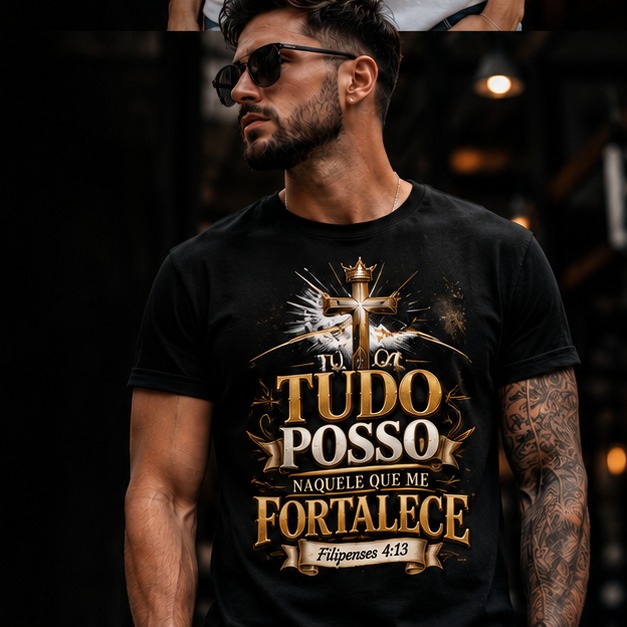 Homem vestindo camiseta preta com estampa cristã Tudo posso naquele que me fortalece