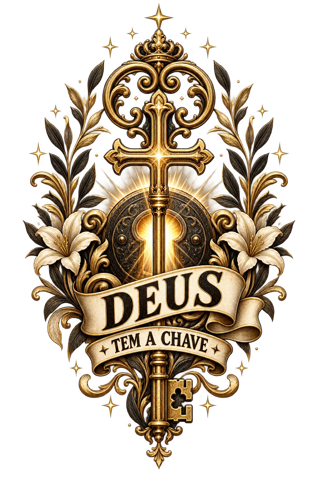 Arte cristã Deus Tem a Chave com chave dourada e lírios